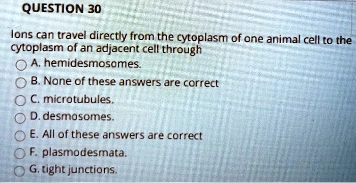 QUESTION 30

lons can travel directly from the cytoplasm of one animal cell to the cytoplasm of an adjacent cell through
A. hemidesmosomes.
B. None of these answers are correct
C. microtubules.
D. desmosomes.
E. All of these answers are correct
F. plasmodesmata.
G. tight junctions.