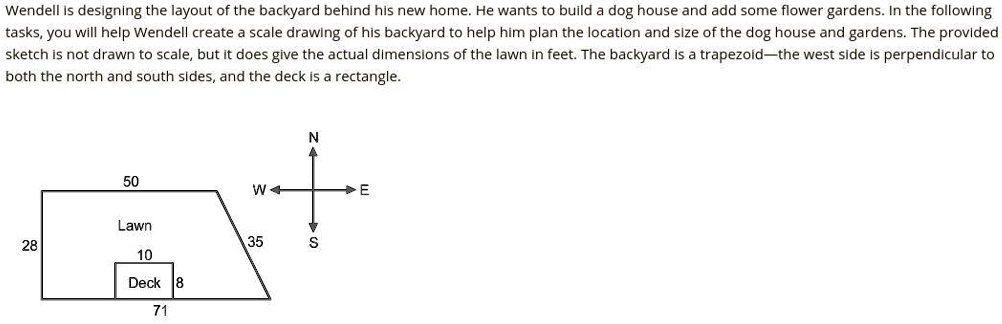 Wendell is designing the layout of the backyard behind his new home. He wants to build a dog house and add some flower gardens. In the following tasks, you will help Wendell create a scale drawing of his backyard to help him plan the location and size of the dog house and gardens. The provided sketch is not drawn to scale, but it does give the actual dimensions of the lawn in feet. The backyard is a trapezoid—the west side is perpendicular to both the north and south sides, and the deck is a rectangle.