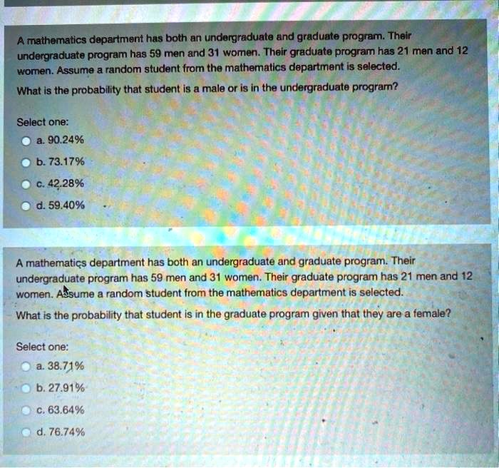 mathematics department has both an undergraduate and graduate program their undergraduate program has 59 men and 31 women their graduate program has 21 men and 12 women assume a random stude 61199
