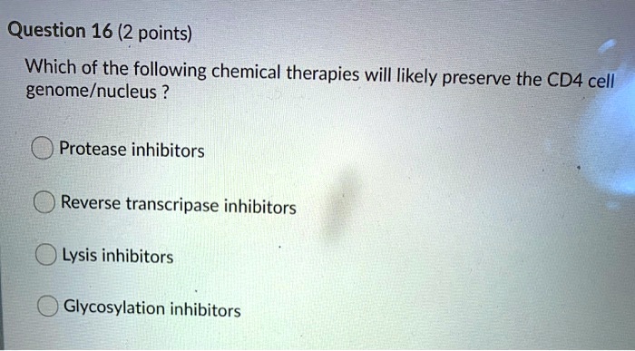 Which of the following chemical therapies will likely preserve the CD4 cell genome/nucleus ?

Protease inhibitors
Reverse transcriptase inhibitors
Lysis inhibitors
Glycosylation inhibitors