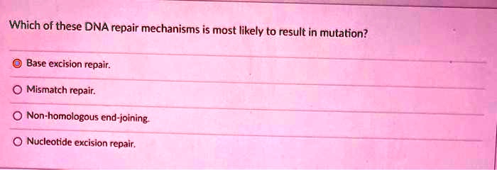 Which of these DNA repair mechanisms is most likely to result in mutation?
Base excision repair.
Mismatch repair.
Non-homologous end-joining.
Nucleotide excision repair.