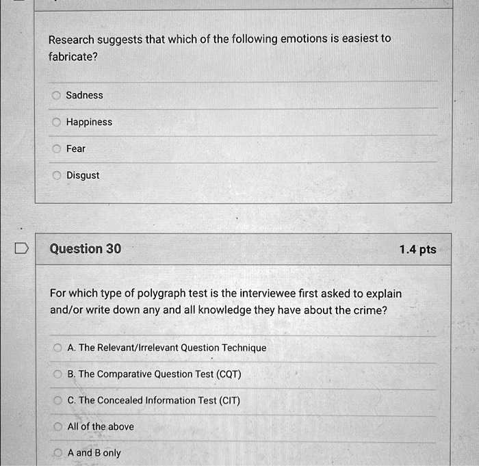 Research suggests that which of the following emotions is easiest to
fabricate?
Sadness
Happiness
Fear
Disgust
Question 30
1.4 pts
For which type of polygraph test is the interviewee first asked to explain
and/or write down any and all knowledge they have about the crime?
A. The Relevant/Irrelevant Question Technique
B. The Comparative Question Test (CQT)
C. The Concealed Information Test (CIT)
All of the above
A and B only