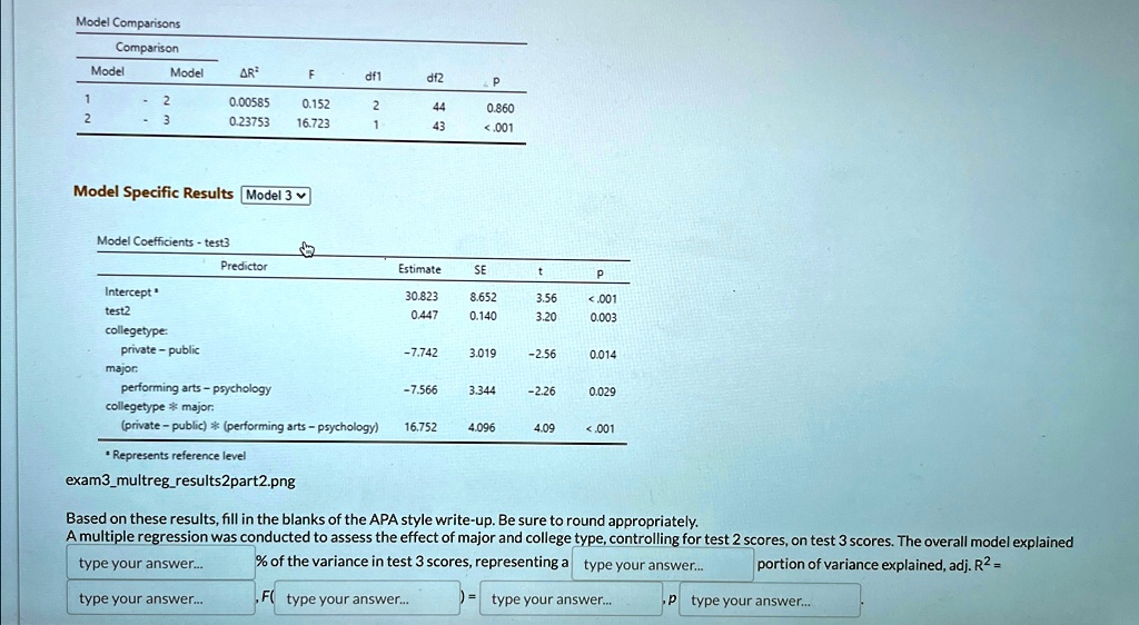 Model Comparisons
Comparison
Model
Model
?R²
F
df1
df2
P
1
2
0.00585
0.152
2
44
0.860
2
3
0.23753
16.723
1
43
<.001
Model Specific Results Model 3
Model Coefficients - test3
Predictor
Estimate
SE
t
P
Intercept
30.823
8.652
3.56
<.001
test2
0.447
0.140
3.20
0.003
collegetype:
private - public
-7.742
3.019
-2.56
0.014
major:
performing arts - psychology
-7.566
3.344
-2.26
0.029
collegetype * major:
(private - public) * (performing arts - psychology)
16.752
4.096
4.09
<.001
• Represents reference level
exam3multregresults2part2.png
Based on these results, fill in the blanks of the APA style write-up. Be sure to round appropriately.
A multiple regression was conducted to assess the effect of major and college type, controlling for test 2 scores, on test 3 scores. The overall model explained
type your answer...
% of the variance in test 3 scores, representing a
type your answer...
portion of variance explained, adj. R² =
type your answer...
F(
type your answer...
)
=
type your answer...
, p
type your answer...