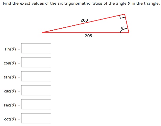 Find the exact values of the six trigonometric ratios of the angle θin the triangle.
sin(θ) = 
cos(θ) = 
tan(θ) = 
csc(θ) = 
sec(θ) = 
cot(θ) = 
200
205