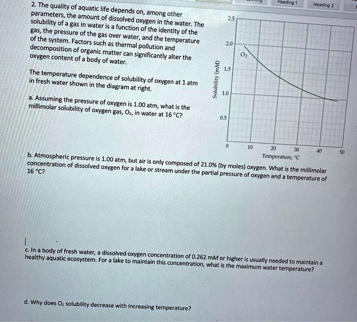 2. The quality of aquatic life depends on, among other parameters, the amount of dissolved oxygen in the water. The solubility of a gas in water is a function of the identity of the gas, the pressure of the gas over water, and the temperature of the system. Factors such as thermal pollution and decomposition of organic matter can significantly alter the oxygen content of a body of water.

The temperature dependence of solubility of oxygen at 1 atm in fresh water shown in the diagram at right.

a. Assuming the pressure of oxygen is 1.00 atm, what is the millimolar solubility of oxygen gas, O2, in water at 16 °C?

b. Atmospheric pressure is 1.00 atm, but air is only composed of 21.0% (by moles) oxygen. What is the millimolar concentration of dissolved oxygen for a lake or stream under the partial pressure of oxygen and a temperature of 16 °C?

c. In a body of fresh water, a dissolved oxygen concentration of 0.262 mM or higher is usually needed to maintain a healthy aquatic ecosystem. For a lake to maintain this concentration, what is the maximum water temperature?

d. Why does O2 solubility decrease with increasing temperature?