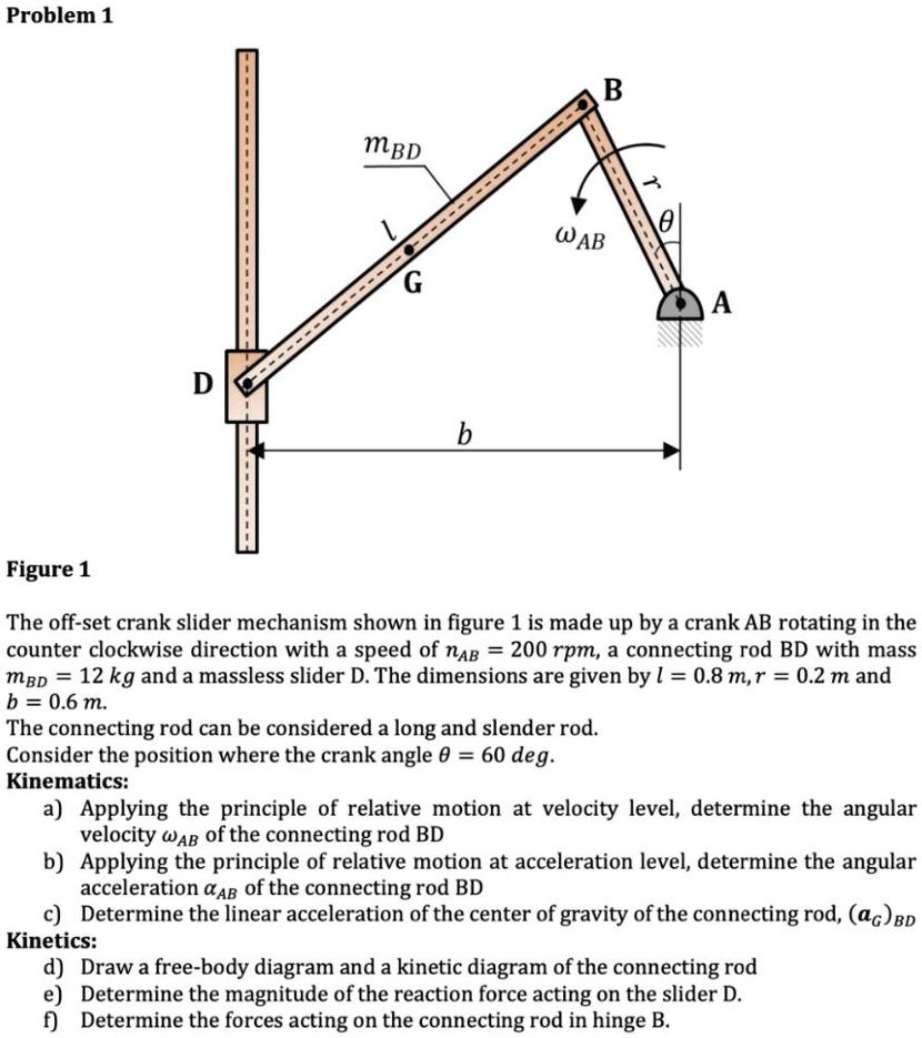 Problem 1
Figure 1
The off-set crank slider mechanism shown in figure 1 is made up by a crank AB rotating in the counter clockwise direction with a speed of nAB = 200 rpm, a connecting rod BD with mass mBD = 12 kg and a massless slider D. The dimensions are given by l = 0.8 m, r = 0.2 m and b = 0.6 m.
The connecting rod can be considered a long and slender rod.
Consider the position where the crank angle ? = 60 deg.
Kinematics:
a) Applying the principle of relative motion at velocity level, determine the angular velocity ?AB of the connecting rod BD
b) Applying the principle of relative motion at acceleration level, determine the angular acceleration ?AB of the connecting rod BD
c) Determine the linear acceleration of the center of gravity of the connecting rod, (aG)BD
Kinetics:
d) Draw a free-body diagram and a kinetic diagram of the connecting rod
e) Determine the magnitude of the reaction force acting on the slider D.
f) Determine the forces acting on the connecting rod in hinge B.
