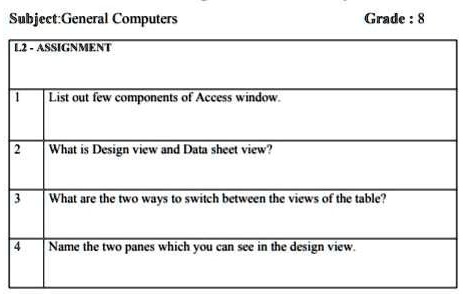 Subject:General Computers
L2 - ASSIGNMENT
Grade : 8
1
List out few components of Access window.
2
What is Design view and Data sheet view?
3
What are the two ways to switch between the views of the table?
4
Name the two panes which you can see in the design view.