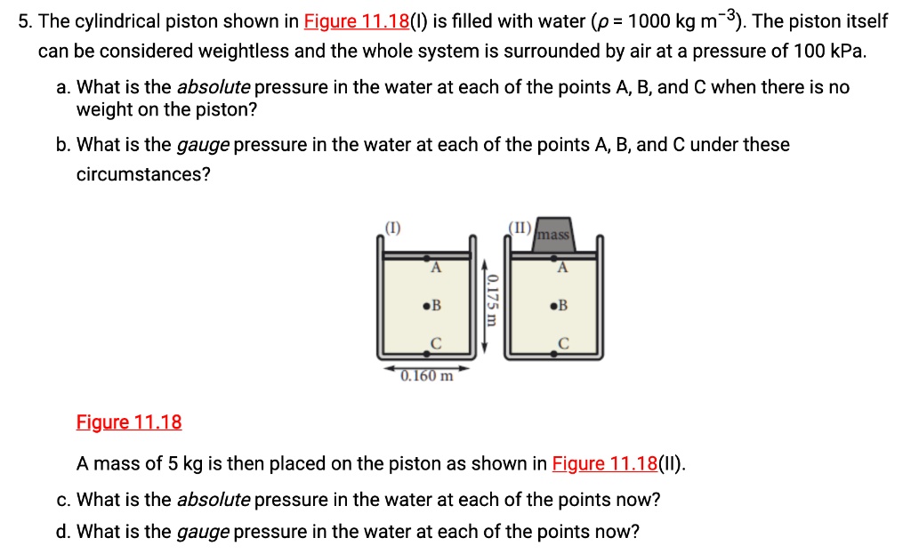 5. The cylindrical piston shown in Figure 11.18(I) is filled with water (? = 1000 kg m?³). The piston itself can be considered weightless and the whole system is surrounded by air at a pressure of 100 kPa.

a. What is the absolute pressure in the water at each of the points A, B, and C when there is no weight on the piston?

b. What is the gauge pressure in the water at each of the points A, B, and C under these circumstances?

[figure: cylinder with points A, B, C; height 0.175 m; width 0.160 m]

Figure 11.18

A mass of 5 kg is then placed on the piston as shown in Figure 11.18(II).

c. What is the absolute pressure in the water at each of the points now?

d. What is the gauge pressure in the water at each of the points now?