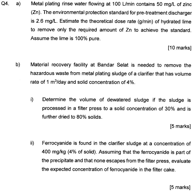 q4 a metal plating rinse water flowing at 100 lmin contains 50 mgl of ...