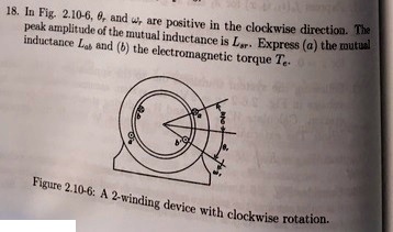 18. In Fig. 2.10-6, θ, and  are positive in the clockwise direction. The peak amplitude of the mutual inductance is Lar. Express (a) the mutual inductance Las and (b) the electromagnetic torque Te.