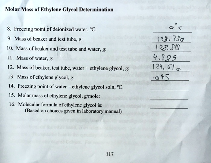 SOLVED Molar Mass of Ethylene Glycol Determination Freezing point of deionized water C 9