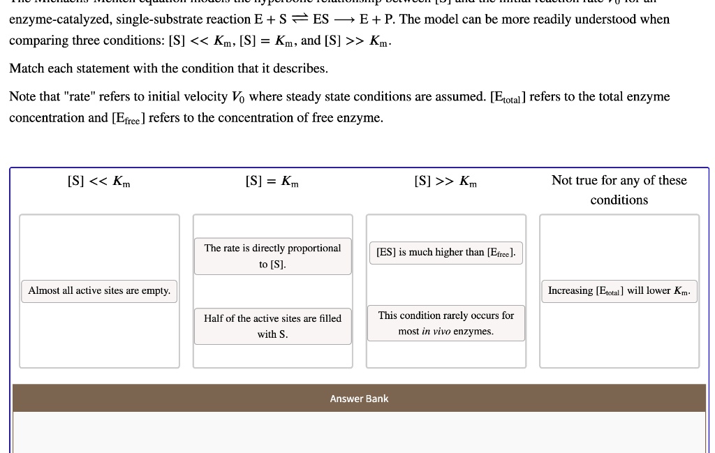 The Michaelis-Menten equation models the hyperbolic relationship between [S] and the initial reaction rate V? for an enzyme-catalyzed, single-substrate reaction E + S ? ES ? E + P. The model can be more readily understood when comparing three conditions: [S] << K?, [S] = K?, and [S] >> K?.

Match each statement with the condition that it describes.

Note that "rate" refers to initial velocity V? where steady state conditions are assumed. [E?????] refers to the total enzyme concentration and [E????] refers to the concentration of free enzyme.

[S] << K?
[S] = K?
[S] >> K?
Not true for any of these conditions

Almost all active sites are empty.
The rate is directly proportional to [S].
Half of the active sites are filled with S.
[ES] is much higher than [E????].
This condition rarely occurs for most in vivo enzymes.
Increasing [E?????] will lower K?.

Answer Bank