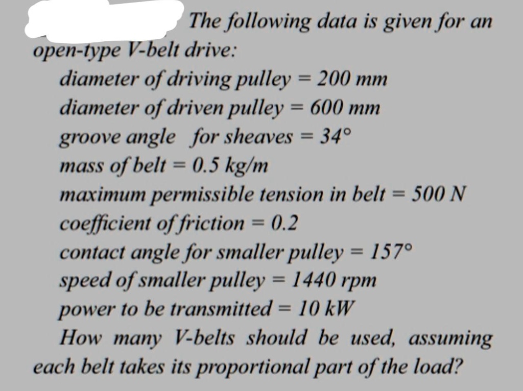 SOLVED The following data is given for an opentype Vbelt drive