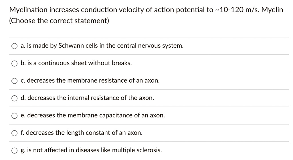 SOLVED: Myelination increases conduction velocity of action potential