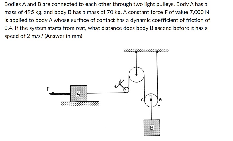 bodies a and b are connected to each other through two light pulleys body a has a mass of 495 kg and body b has a mass of 70 kg a constant force f of value 7000 n is applied to body a whose  47358