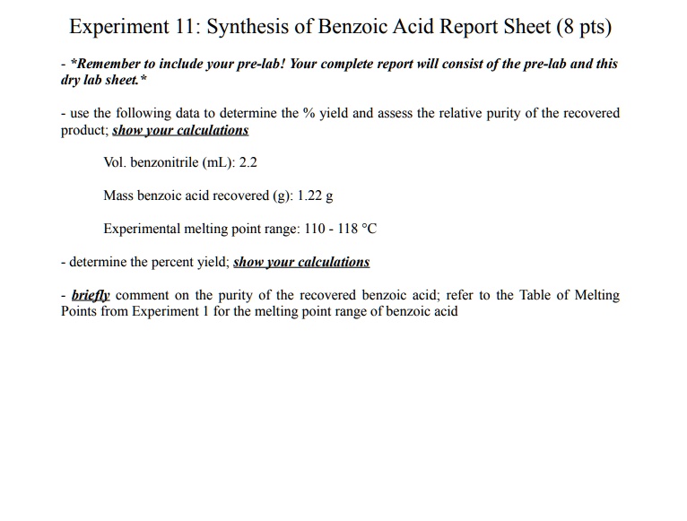 SOLVED: Experiment 1: Synthesis of Benzoic Acid Report Sheet 8 pts) #