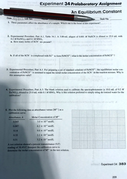 Experiment 34 Prelaboratory Assignment
An Equilibrium Constant
Date Lab Sec. Name Desk No.
1. Three parameters affect the absorbance of a sample. Which one is the focus of this experiment?
2. Experimental Procedure, Part A.1, Table 34.1. A 3.00-mL aliquot of 0.001 M NaSCN is diluted to 25.0 mL with 0.2 M Fe(NO3)3 and 0.1 M HNO3.
a. How many moles of SCN- are present?
b. If all of the SCN- is complexed with Fe3+ to form FeNCS2+, what is the molar concentration of FeNCS2+?
3. Experimental Procedure, Part A.1. For preparing a set of standard solutions of FeNCS2+, the equilibrium molar concentration of FeNCS2+ is assumed to equal the initial molar concentration of the SCN- in the reaction mixture. Why is this assumption valid?
4. Experimental Procedure, Part A.3. The blank solution used to calibrate the spectrophotometer is 10.0 mL of 0.2 M Fe(NO3)3 diluted to 25.0 mL with 0.1 M HNO3. Why is this solution preferred to simply using de-ionized water for the calibration?
5. Plot the following data as absorbance versus [Mn+] as a calibration curve:
Absorbance, A Molar Concentration of Mn+
0.045 3.0 x 10^-4 mol/L
0.097 6.2 x 10^-4 mol/L
0.14 9.0 x 10^-4 mol/L
0.35 2.2 x 10^-3 mol/L
0.51 3.2 x 10^-3 mol/L
A test solution showed a percent transmittance (%T) reading of 38.4%T. Interpret the calibration curve to determine the molar concentration of Mn+ in the test solution.