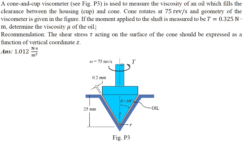 Viscometer Geometry A cone-and-cup viscometer (see Fig. P3) is used to measure the ...