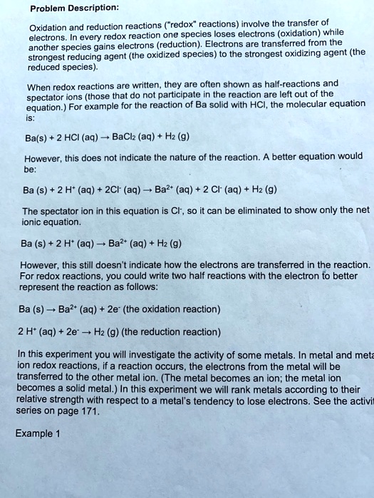 SOLVED: Problem Description: Oxidation and reduction reactions 'redox ...