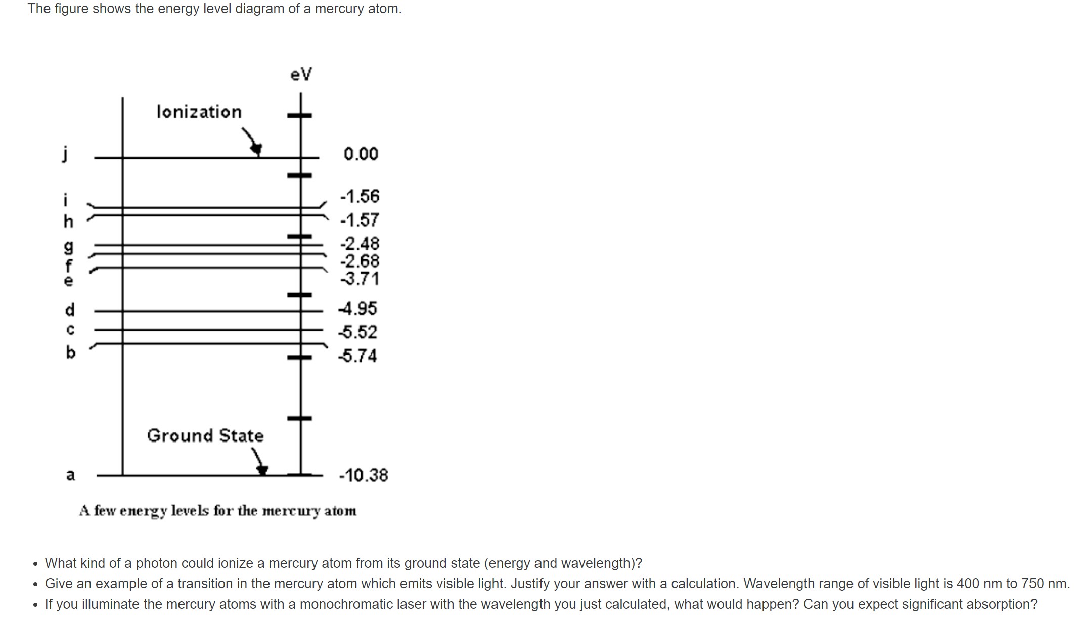 SOLVED The figure shows the energy level diagram of a mercury atom. A