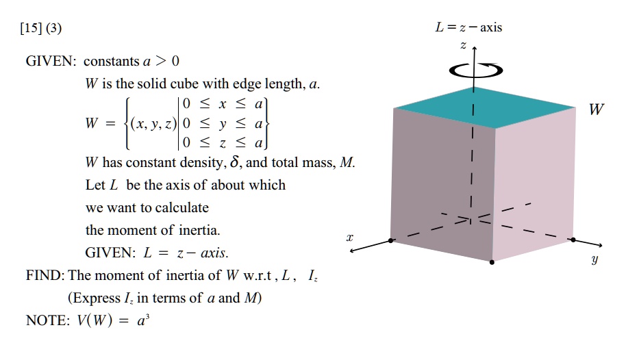 [15] (3) GIVEN: constants a > 0 W is the solid cube with edge length, a ...