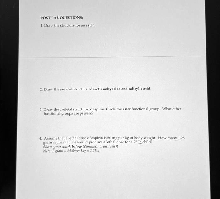 SOLVED: Texts: POST LAB QUESTIONS 1. Draw the structure for an ester. 2 ...