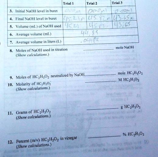 SOLVED: Trial Trial 2 Trial 3 [nitial NaOH level in buret K7 : 70d^ 21 ...