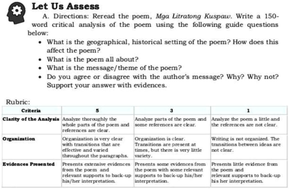 Directions: Reread the poem, "Mga Litratong Kuspaw." Write a 150-word