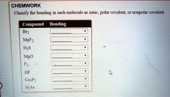 Solved Chemwork Classify The Bonding In Each Molecule As Ionic Polar Covalent Or Nonpolar 9511