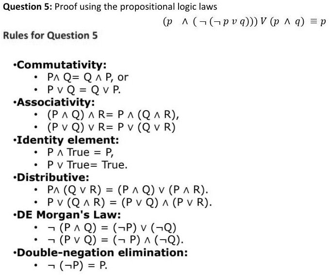 Solved Question 5 Proof Using The Propositional Logic Laws P Pv 4 V P Q P Rules For Question 5 Commutativity P Q Q P Or P V Q Q