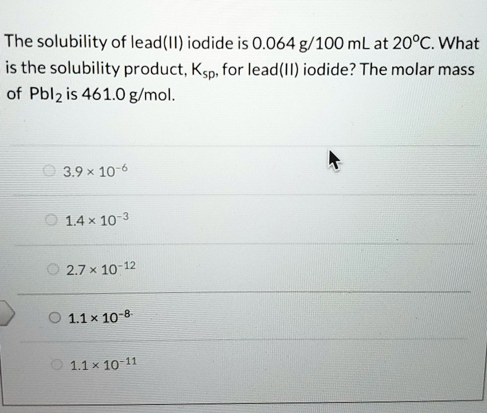 The solubility of lead(II) iodide is 0.064 g/100 mL at 20Â°C. What is
