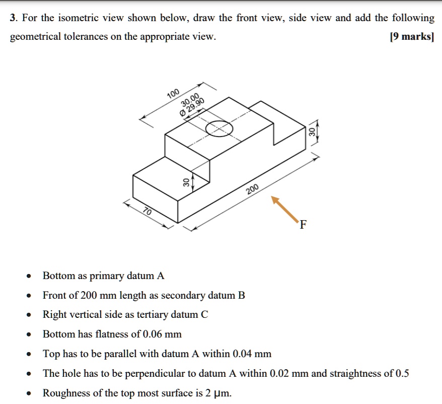 3. For the isometric view shown below, draw the front view, side view ...