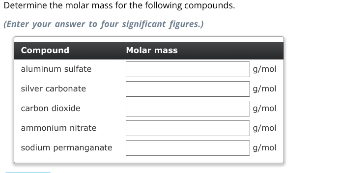 Solved Determine The Molar Mass For The Following Compounds Enter Your Answer To Four 5830