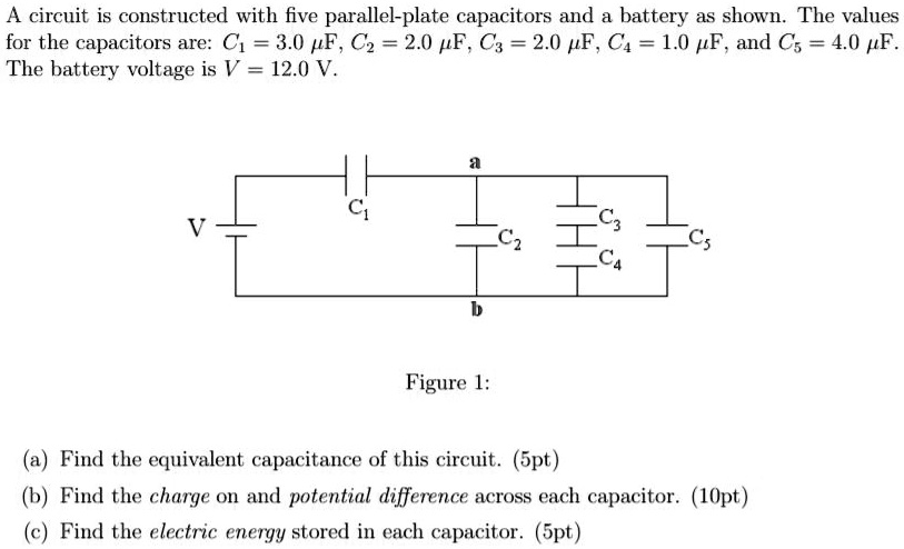 A circuit is constructed with five parallel-plate capacitors and a ...
