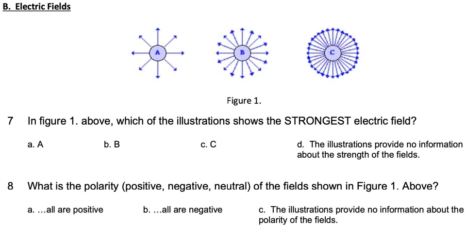 B. Electric Fields
Figure 1.
C
7 In figure 1. above, which of the illustrations shows the STRONGEST electric field?
a. A
b. B
c. C
d. The illustrations provide no information
about the strength of the fields.
8 What is the polarity (positive, negative, neutral) of the fields shown in Figure 1. Above?
a. ...all are positive
b....all are negative
c. The illustrations provide no information about the
polarity of the fields.
