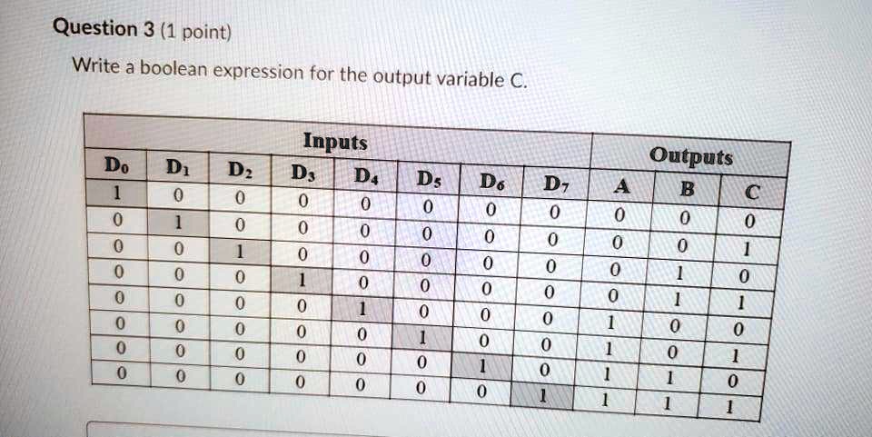Question 3 (1 point)
Write a boolean expression for the output variable C.
Inputs
Outputs
Do
D1
D2
D3
D4
D5
D6
D7
A
B
C
1
0
0
0
0
0
0
0
0
0
0
0
1
0
0
0
0
0
0
0
0
1
0
0
1
0
0
0
0
0
0
0
1
0
0
0
0
0
1
0
0
0
0
0
0
0
1
0
0
1
0
1
0
0
0
0
0
0
1
0
1
1
0
0
0
0
0
0
0
0
1
1
1
1