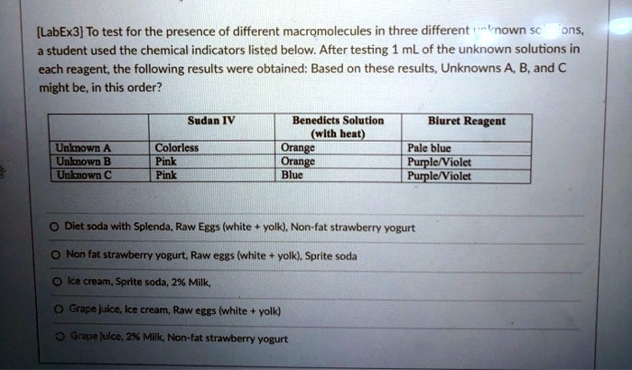 SOLVED: [LabEx3] To test for the presence of different macromolecules ...