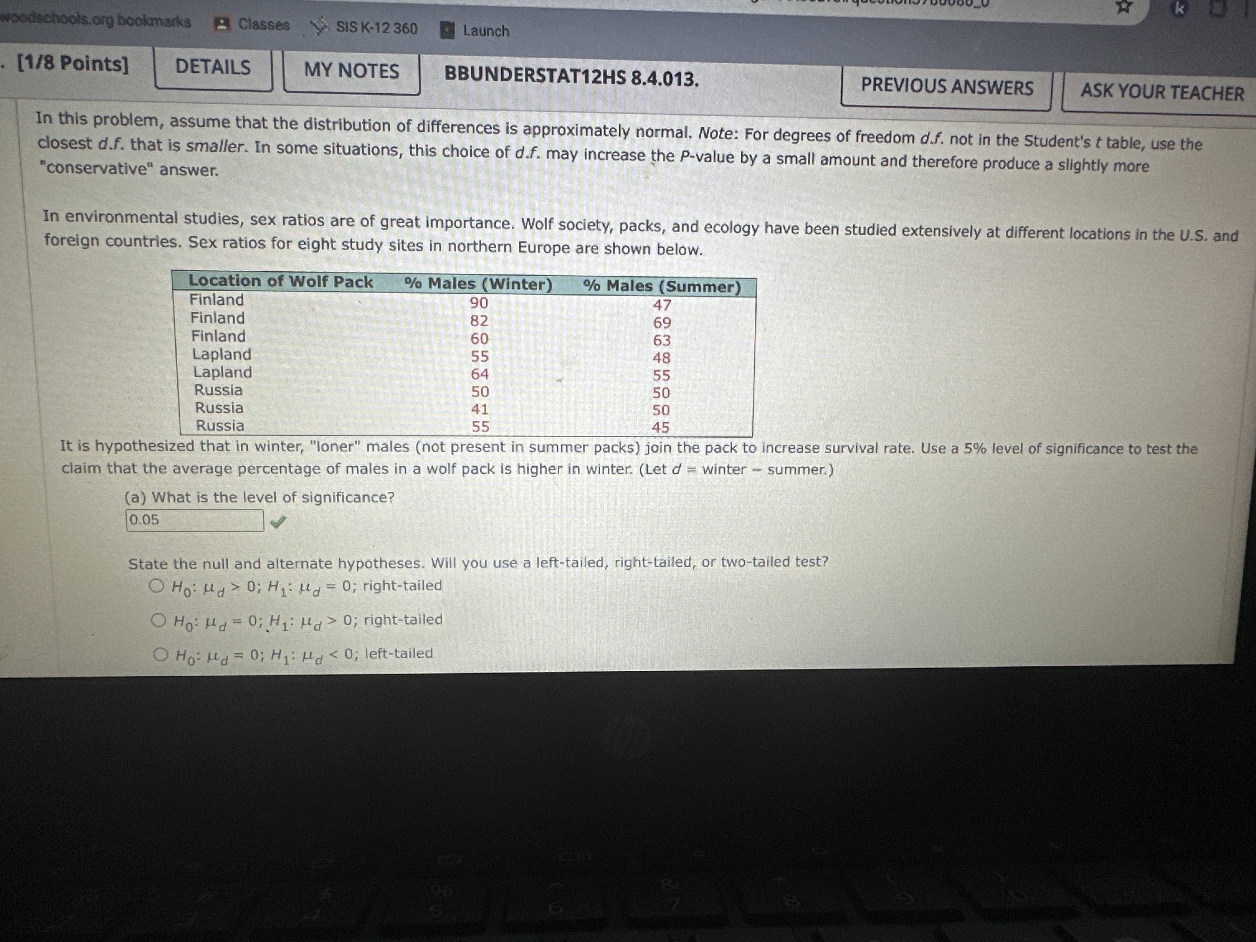 [ 1 / 8 Points]
Classes
SIS K-12 360
Launch
DETAILS
MY NOTES
BBUNDERSTAT12HS 8.4.013.
PREVIOUS ANSWERS
ASK YOUR TEACHER
In this problem, assume that the distribution of differences is approximately normal. Note: For degrees of freedom d.f. not in the Student's t table, use the closest d . f. that is smaller. In some situations, this choice of d . f. may increase the P-value by a small amount and therefore produce a slightly more "conservative" answer.

In environmental studies, sex ratios are of great importance. Wolf society, packs, and ecology have been studied extensively at different locations in the U.S. and foreign countries. Sex ratios for eight study sites in northern Europe are shown below.

Location of Wolf Pack     % Males (Winter)     % Males (Summer) 

Finland     90     47 

Finland     82     69 

Finland     60     63 

Lapland     55     48 

Lapland     64     55 

Russia     50     50 

Russia     41     50 

Russia     55     45 



It is hypothesized that in winter, "loner" males (not present in summer packs) join the pack to increase survival rate. Use a 5 % level of significance to test the claim that the average percentage of males in a wolf pack is higher in winter. (Let d= winter - summer.)
(a) What is the level of significance?

    0.05


State the null and alternate hypotheses. Will you use a left-tailed, right-tailed, or two-tailed test?
H0: μd>0 ; H1: μd=0; right-tailed
H0: μd=0 ; H1: μd>0; right-tailed
H0: μd=0 ; H1: μd<0; left-tailed
