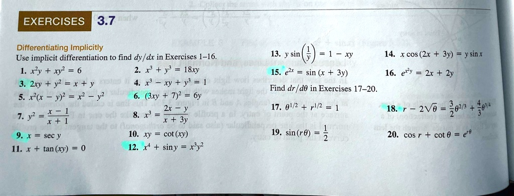 Solved Exercises 3 7 Differentiating Implicitly Use Implicit Differentiation To Find Dy Dx In Exercises 1 16 1 Ry Xy 6 X Y 8xy 3 21y Y X 4 X Xy Y