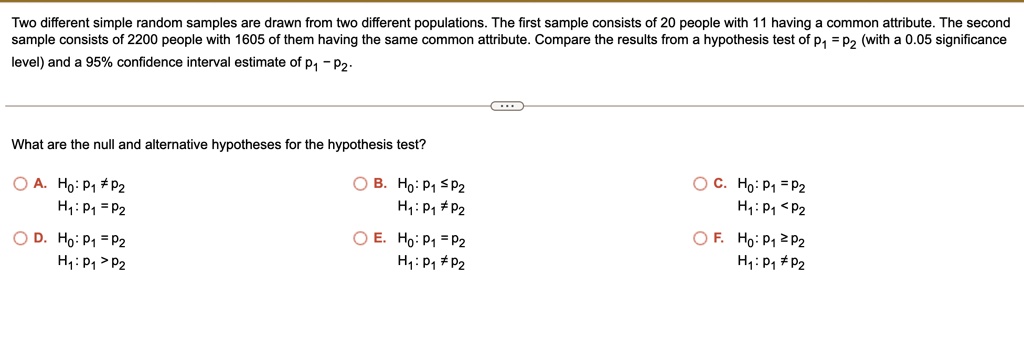 Two different simple random samples are drawn from two different populations. The first sample consists of 20 people with 11 having a common attribute. The second sample consists of 2200 people with 1605 of them having the same common attribute. Compare the results from a hypothesis test of p1 = p2 (with a 0.05 significance level) and a 95% confidence interval estimate of p1 - p2.

What are the null and alternative hypotheses for the hypothesis test?

A. H0: p1 ? p2
   H1: p1 = p2
B. H0: p1 ? p2
   H1: p1 ? p2
C. H0: p1 = p2
   H1: p1 < p2
D. H0: p1 = p2
   H1: p1 > p2
E. H0: p1 = p2
   H1: p1 ? p2
F. H0: p1 ? p2
   H1: p1 ? p2