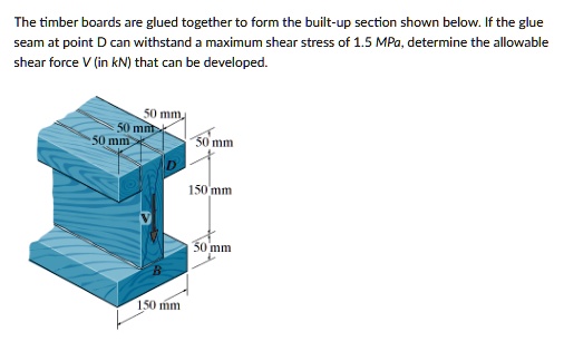 the timber boards are glued together to form the built up section shown below if the glue seam at point d can withstand a maximum shear stress of 15 text mpa determine the allowable shear fo 31316