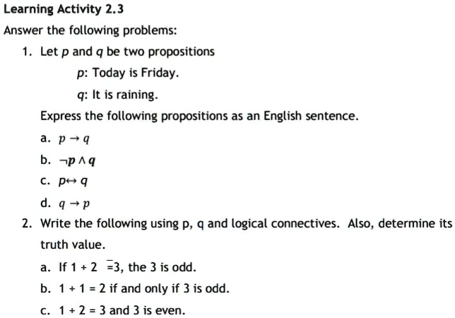 SOLVED: Learning Activity 2.3 Answer The Following Problems: 1. Let P ...