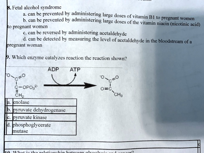 8. Fetal alcohol syndrome
a. can be prevented by administering large doses of vitamin B1 to pregnant women
b. can be prevented by administering large doses of the vitamin niacin (nicotinic acid)
to pregnant women
c. can be reversed by administering acetaldehyde
d. can be detected by measuring the level of acetaldehyde in the bloodstream of a
pregnant woman
9. Which enzyme catalyzes reaction the reaction shown?
a. enolase
b. pyruvate dehydrogenase
c. pyruvate kinase
d. phosphoglycerate mutase
10. What is the relationship between glycolysis and cancer?