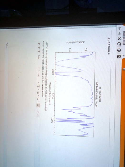 Blackboard
??XCOA
QUESTION 8
TRANSMITTANCE
0.8
0.4
n-PROPANOL
INFRARED SPECTRUM
3000
2000
Wavenumber (cm-1)
1000
NIST Chemistry WebBook (https://webbook.nist.gov/chemistry)
Please identify the functional group and their wavenumber
TTT Arial
Path
3 (12pt)
T