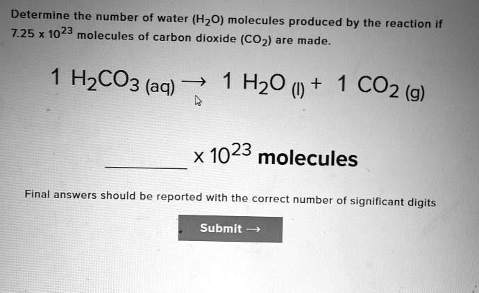 Determine the number of water (H2O) molecules produced by the reaction ...