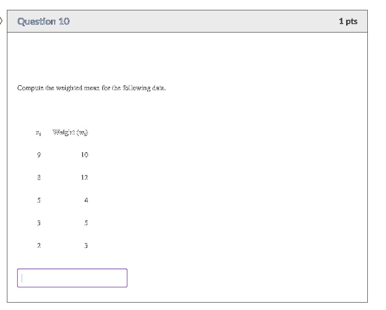 Compute the weighted mean for the following data.
xi	Weight (wi)
9	10
8	12
5	4
3	5
2	3