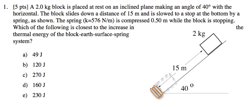 1. [5 pts] A 2.0 kg block is placed at rest on an inclined plane making ...