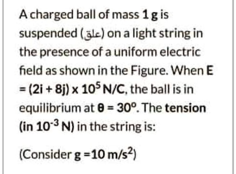 Solved Acharged Ball Of Mass 1g Is Suspended Alc On A Light String In The Presence Of A Uniform Electric Feld As Shown In The Figure When A 2i 8j X 105