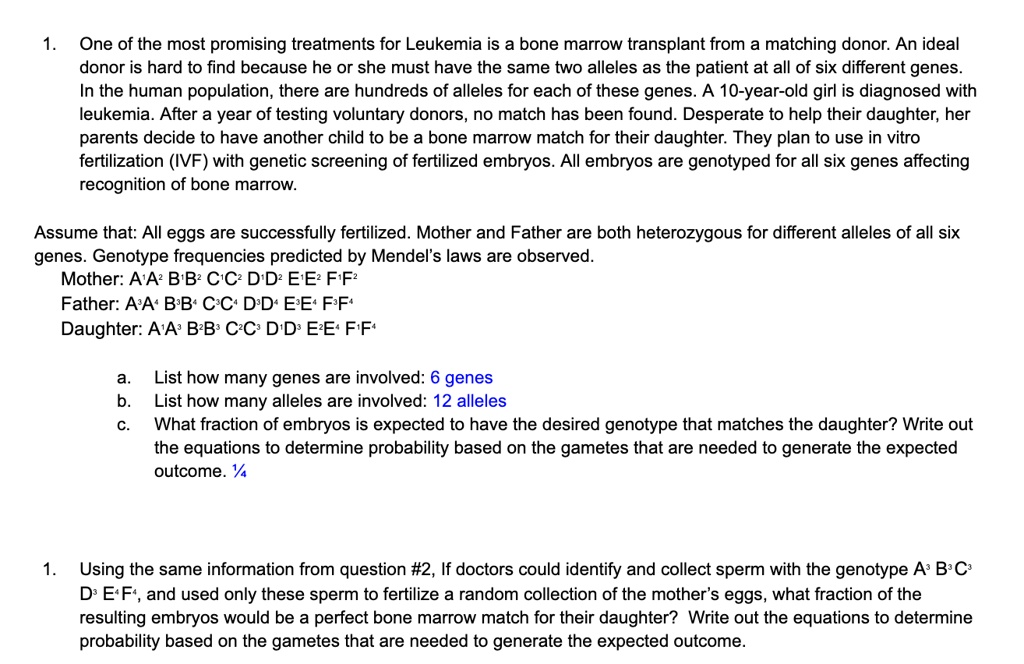 1. One of the most promising treatments for Leukemia is a bone marrow transplant from a matching donor. An ideal donor is hard to find because he or she must have the same two alleles as the patient at all of six different genes. In the human population, there are hundreds of alleles for each of these genes. A 10-year-old girl is diagnosed with leukemia. After a year of testing voluntary donors, no match has been found. Desperate to help their daughter, her parents decide to have another child to be a bone marrow match for their daughter. They plan to use in vitro fertilization (IVF) with genetic screening of fertilized embryos. All embryos are genotyped for all six genes affecting recognition of bone marrow.

Assume that: All eggs are successfully fertilized. Mother and Father are both heterozygous for different alleles of all six genes. Genotype frequencies predicted by Mendel's laws are observed.
Mother: A¹A² B¹B² C¹C² D¹D² E¹E² F¹F²
Father: A³A? B³B? C³C? D³D? E³E? F³F?
Daughter: A¹A³ B²B³ C²C³ D¹D³ E²E? F¹F?

a. List how many genes are involved: 6 genes
b. List how many alleles are involved: 12 alleles
c. What fraction of embryos is expected to have the desired genotype that matches the daughter? Write out the equations to determine probability based on the gametes that are needed to generate the expected outcome. ¼

1. Using the same information from question #2, If doctors could identify and collect sperm with the genotype A³ B³ C³ D³ E? F?, and used only these sperm to fertilize a random collection of the mother's eggs, what fraction of the resulting embryos would be a perfect bone marrow match for their daughter? Write out the equations to determine probability based on the gametes that are needed to generate the expected outcome.