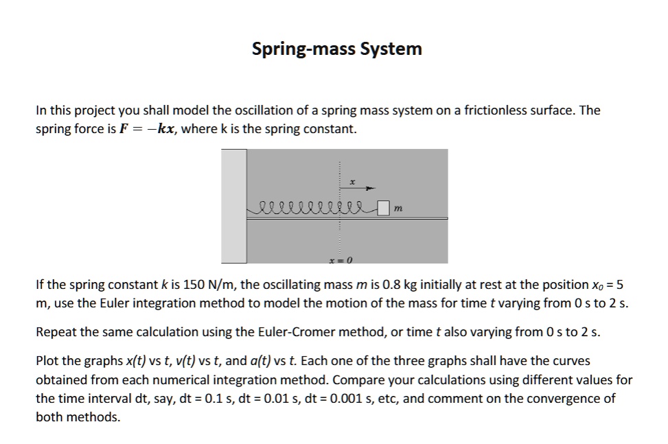 Spring-mass System
In this project you shall model the oscillation of a spring mass system on a frictionless surface. The
spring force is F = -kx, where k is the spring constant.

m
x = 0
If the spring constant k is 150 N/m, the oscillating mass m is 0.8 kg initially at rest at the position x0 = 5
m, use the Euler integration method to model the motion of the mass for time t varying from 0 s to 2 s.
Repeat the same calculation using the Euler-Cromer method, or time t also varying from 0 s to 2 s.
Plot the graphs x(t) vs t, v(t) vs t, and a(t) vs t. Each one of the three graphs shall have the curves
obtained from each numerical integration method. Compare your calculations using different values for
the time interval dt, say, dt = 0.1 s, dt = 0.01 s, dt = 0.001 s, etc, and comment on the convergence of
both methods.
